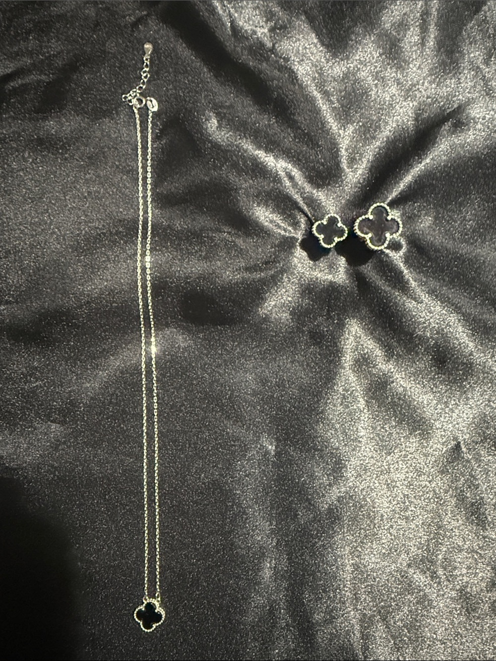 Brand New Unworn S925 Sterling Silver Black Clover Necklace & Ring 2-Pc Set.